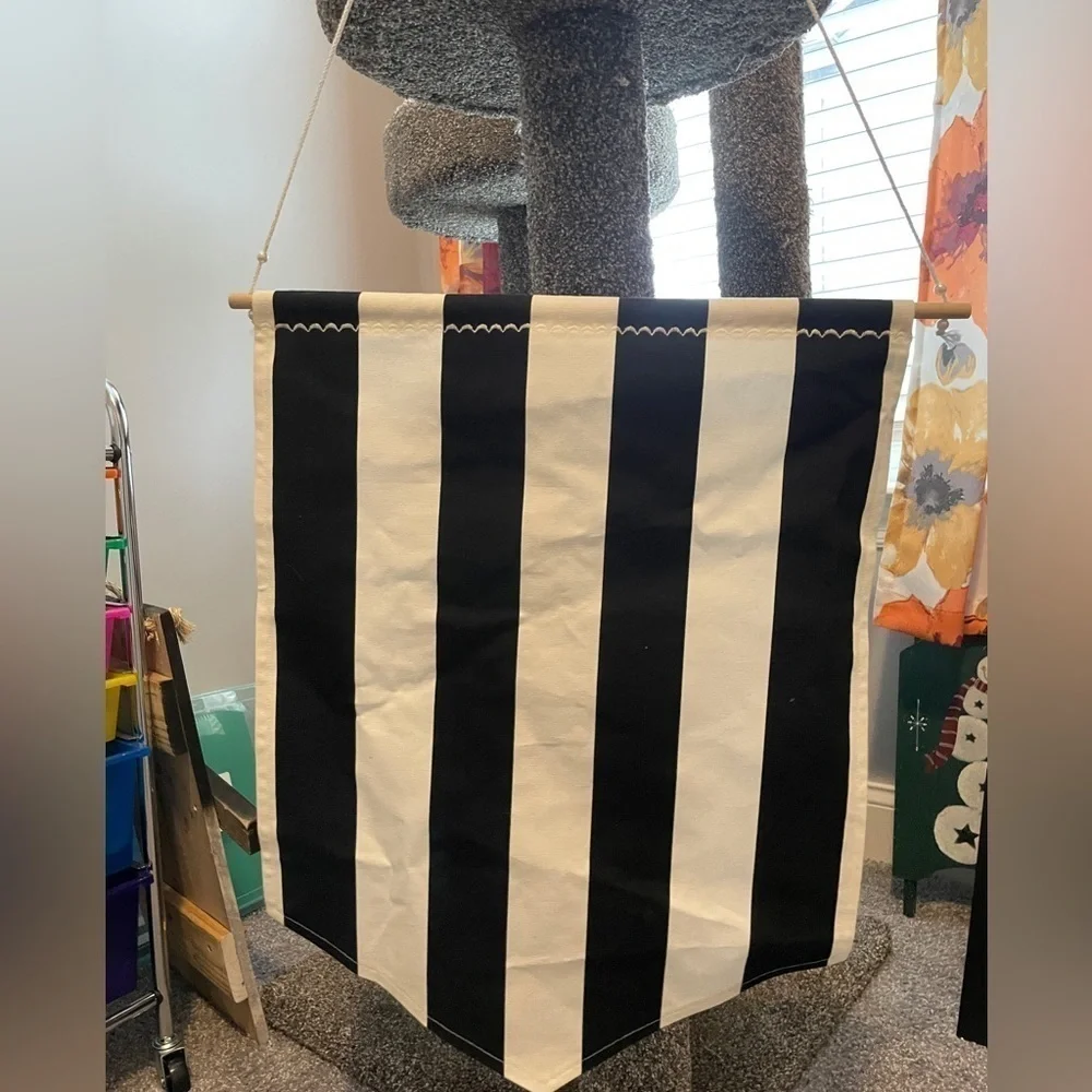 Large banner. 14x9. Black and white stripes.